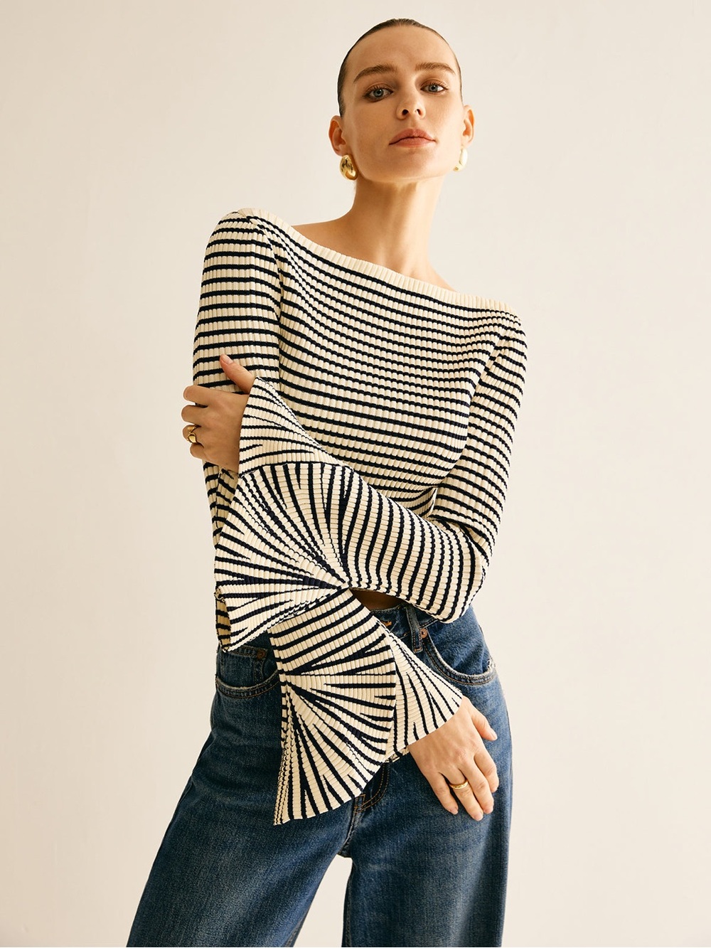 Commense Striped Cream and Black Knit Bell-Sleeve Top